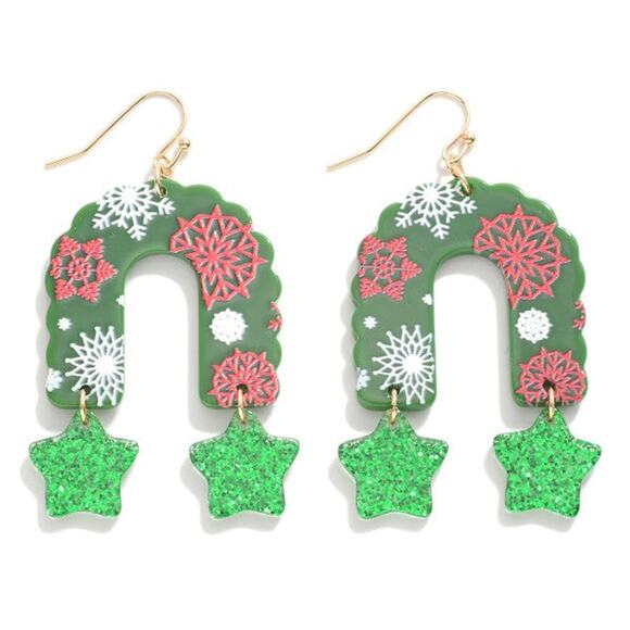 Acrylic Snowflake Garland Arch Drop Earrings with Glitter Star Dangle Green - Picture 1 of 3